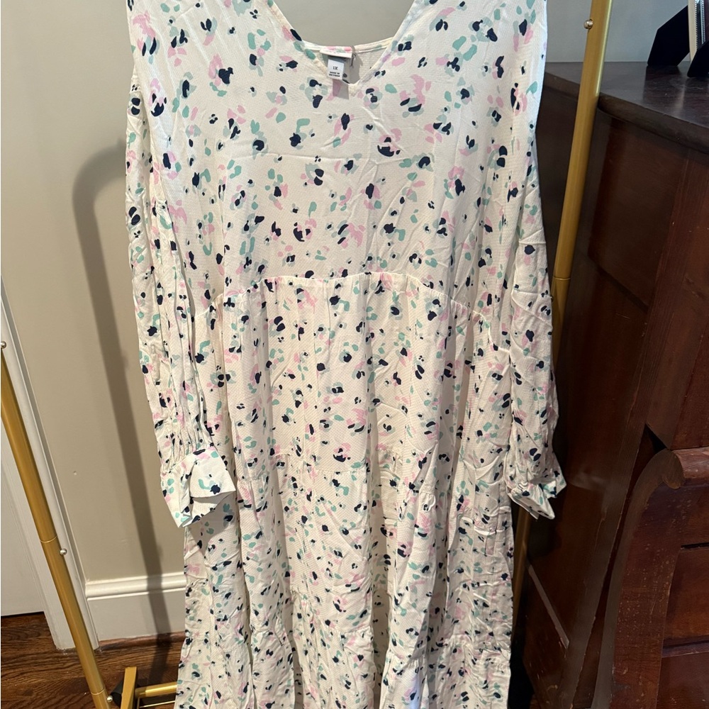 A New Day Blue and Pink Casual Sundress with Bishop Sleeves